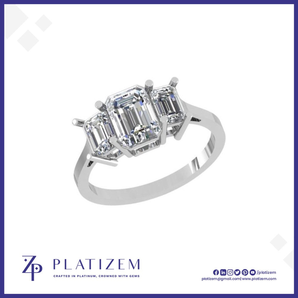 Emerald Cut Diamond Ring Featuring a Dramatic Center Between Two Sides