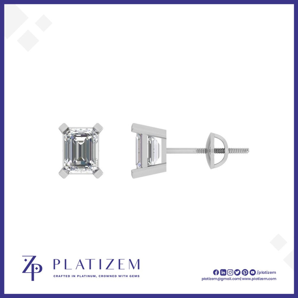 Four Prong Emerald Cut Diamond Studs for Women