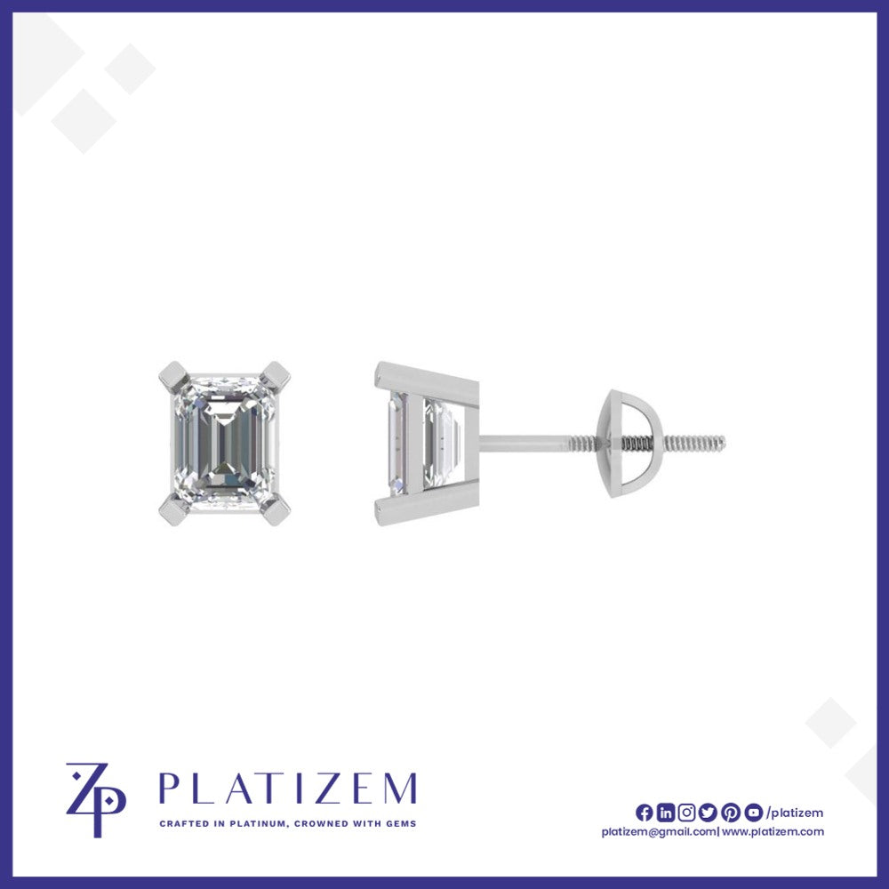 Matched Emerald Cut Diamond Studs Set with Four Point Prong Corners