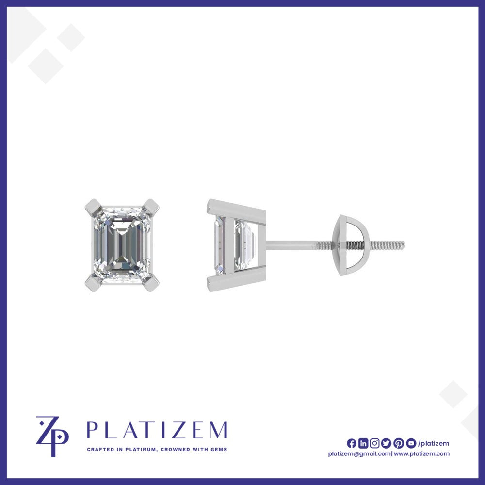 Emerald Cut Diamond Studs with a Simple Four Claw Prong Setting