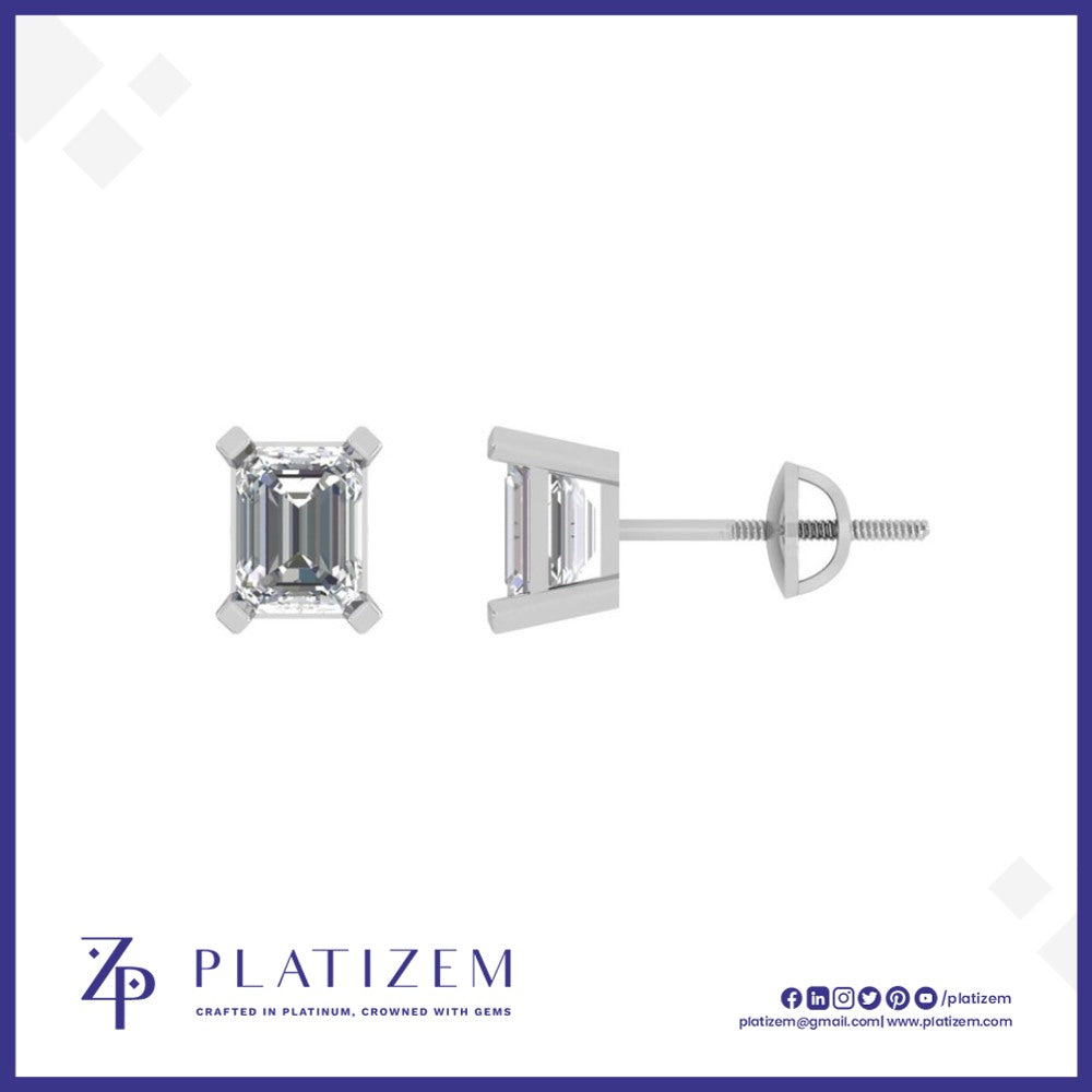 Emerald Cut Diamond Studs Anchored by a Simple Four Prong Frame
