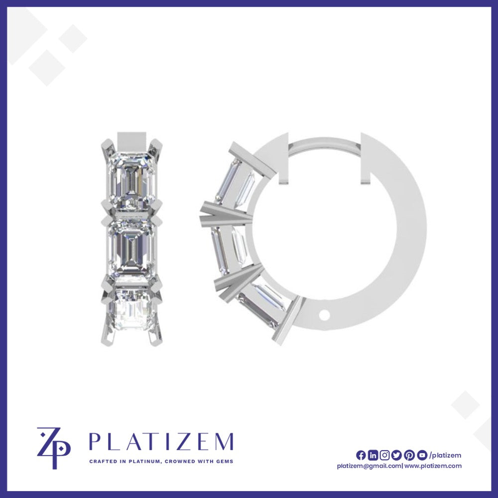 Three Stone Emerald Cut Diamond Huggie Hoops for Women