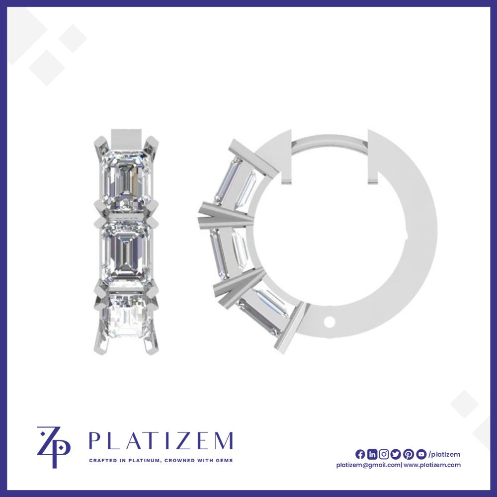 Three Stone Emerald Cut Diamond Hoop Earrings for Women