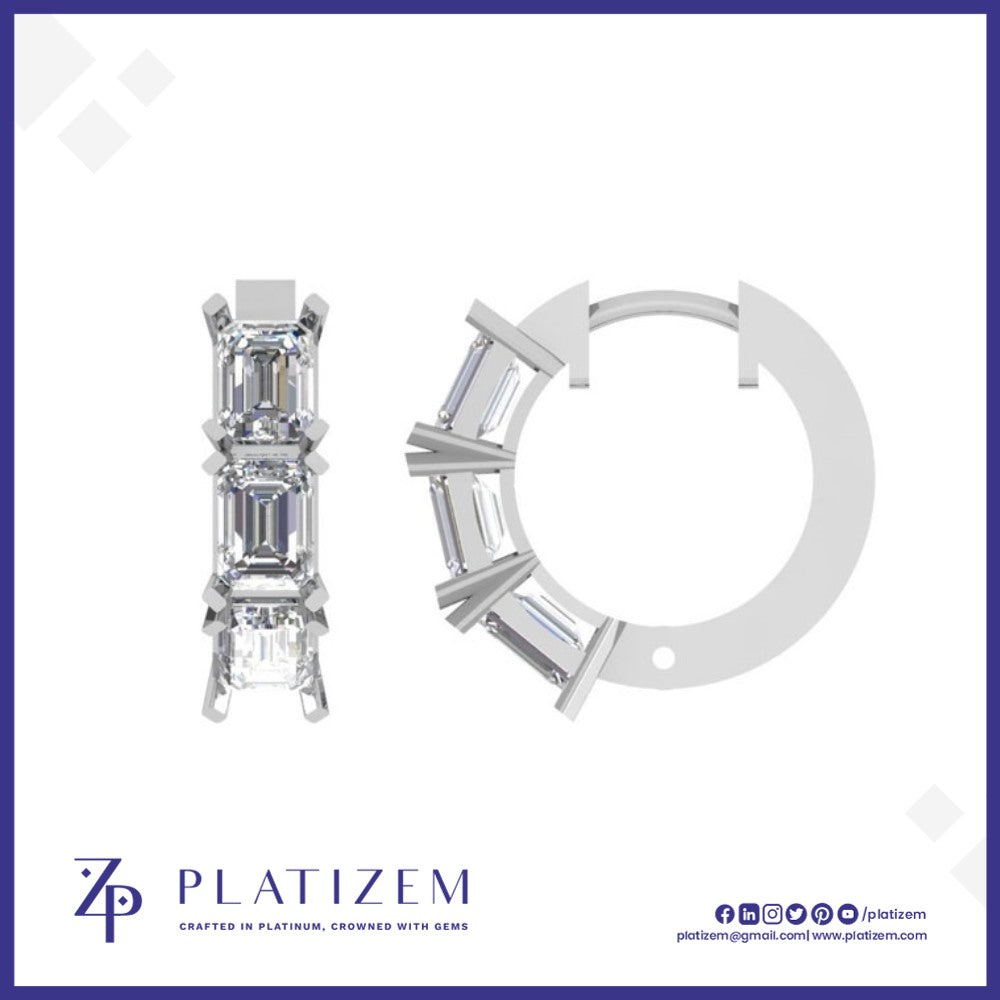 Vertical Trio of Emerald Cut Diamonds Set Into a Snug Huggie Hoop