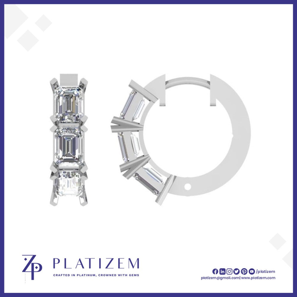 Emerald Cut Diamonds Line the Front of a Compact Prong Set Hoop