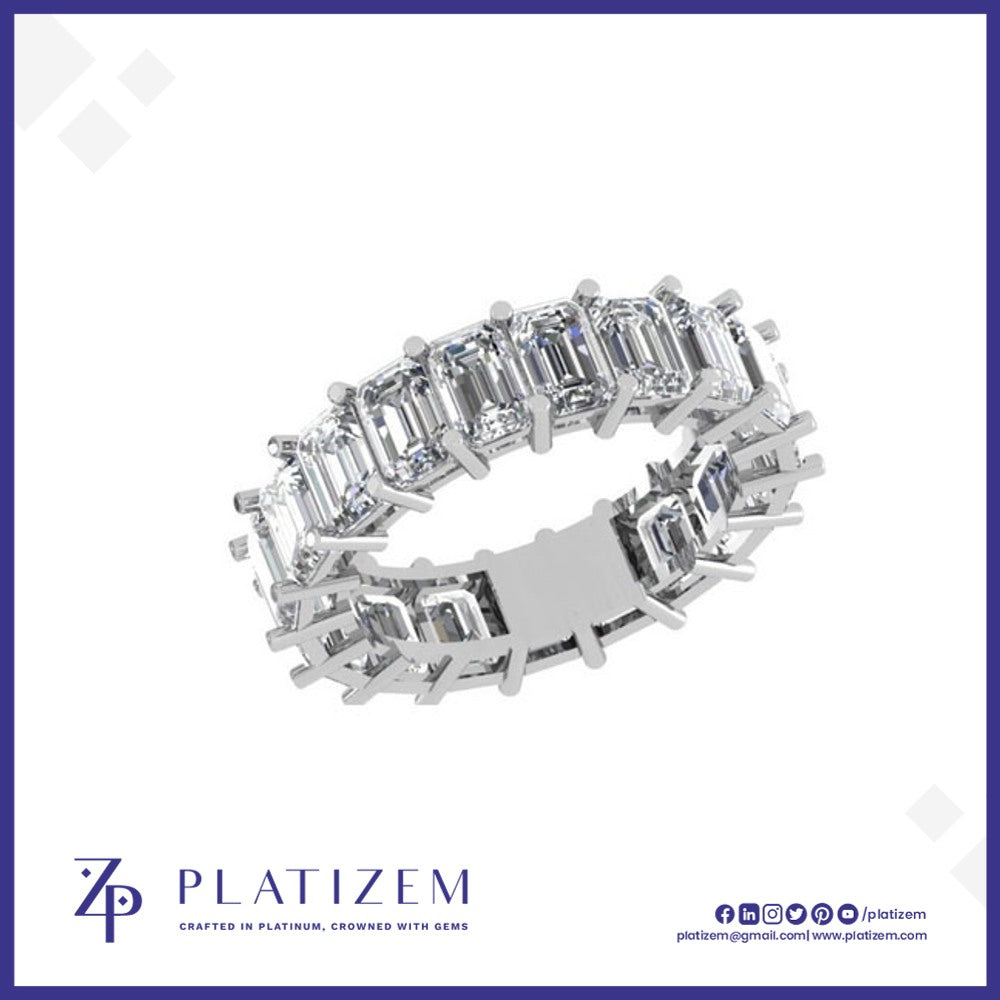 Emerald Cut Diamonds Ring the Full Band with Individual Prong Sets