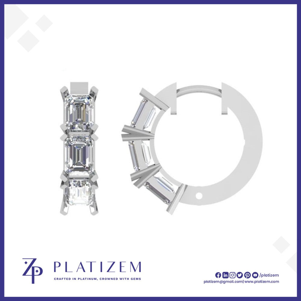Three Emerald Cut Diamonds Stacked Vertically Inside a Prong Set Hoop