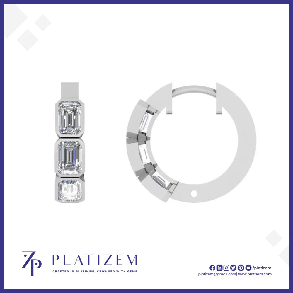 Three Bezel Set Emerald Cut Diamonds Stacked Inside a Huggie Hoop