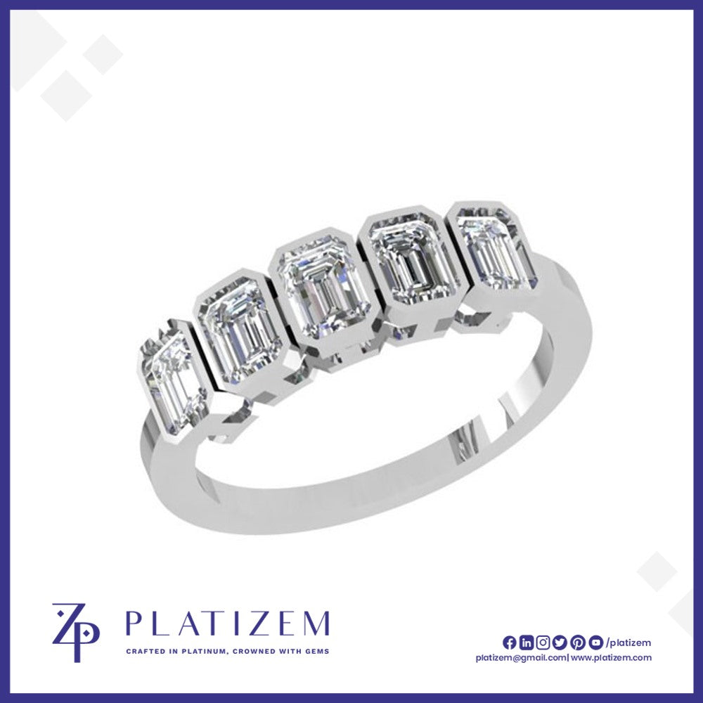 Five Bezel Set Emerald Cut Diamonds Lined Across a Clean Modern Band