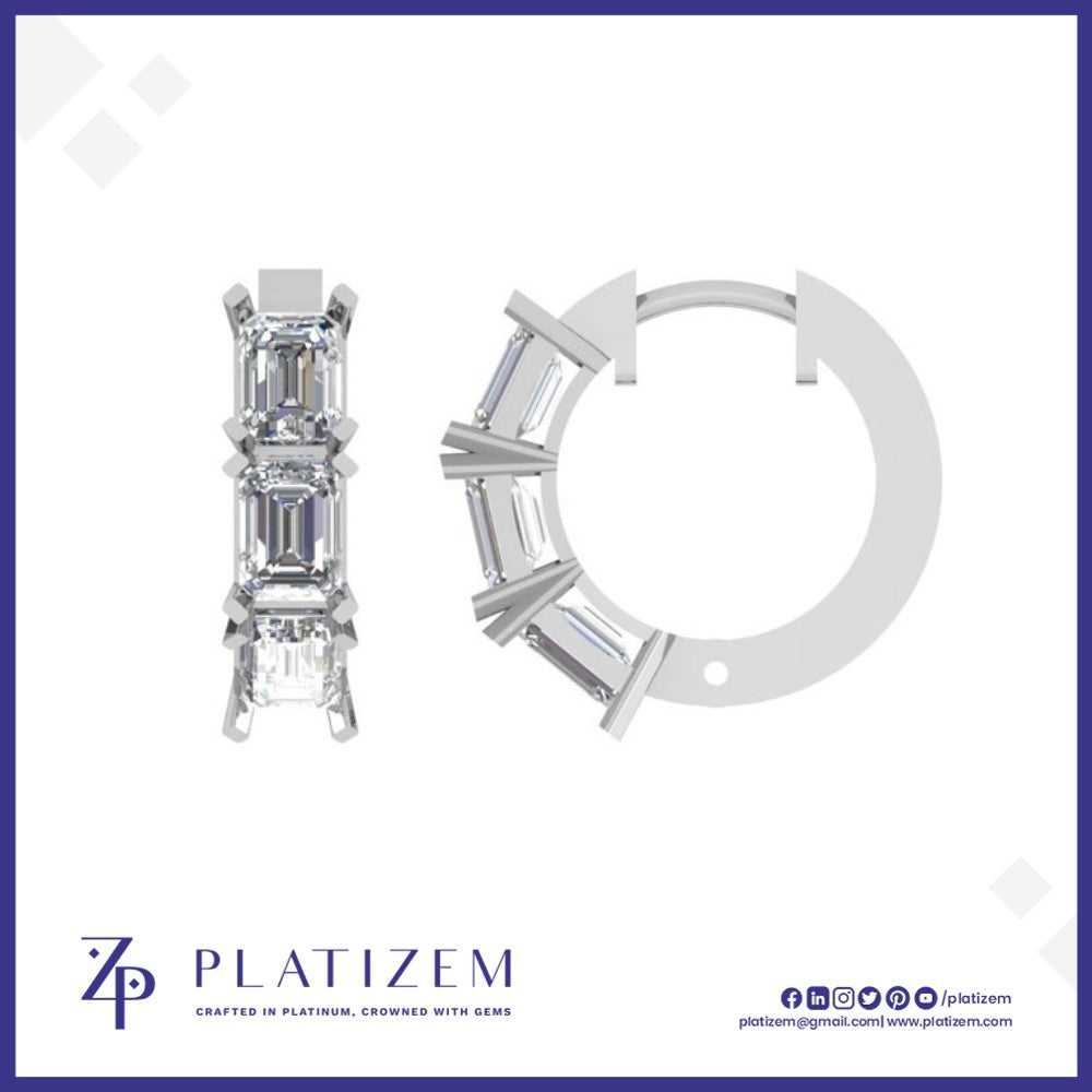 Emerald Cut Diamond Hoop Earrings Featuring a Vertical Three Stone Row