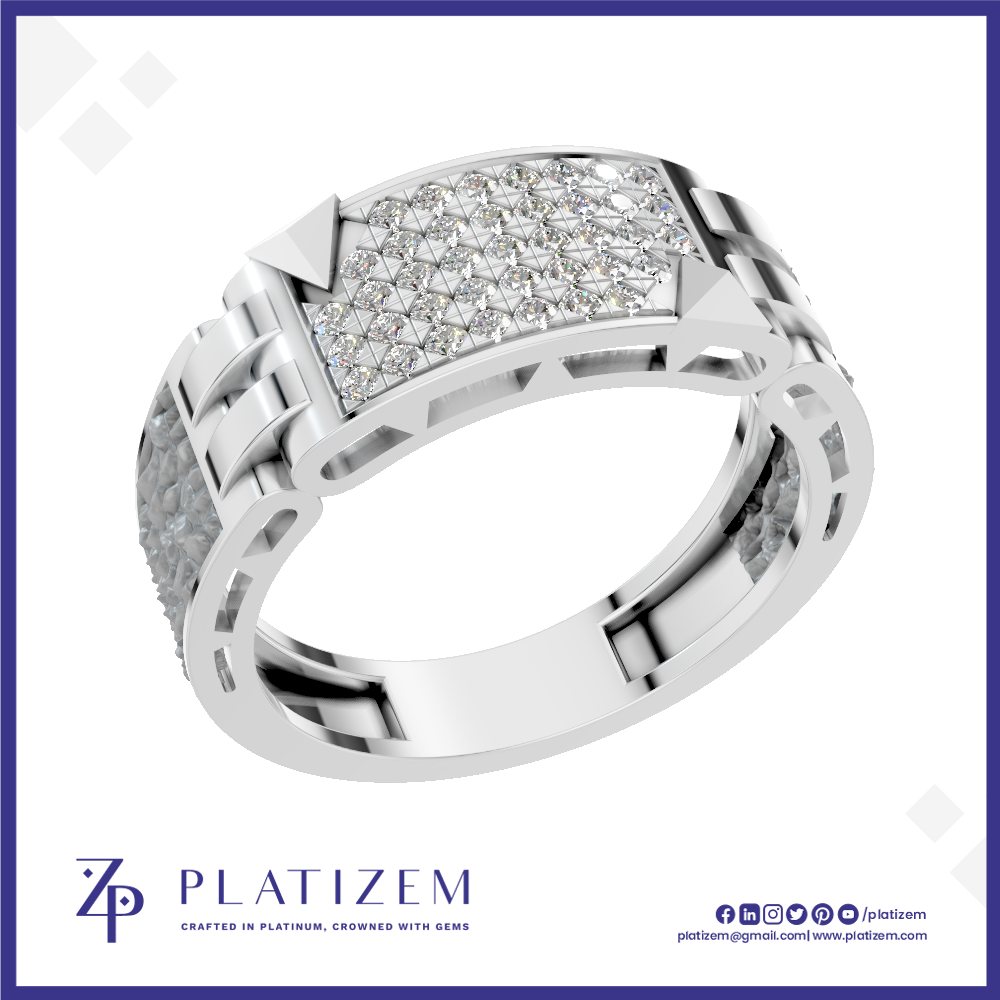 A silver-toned diamond ring with a geometric pavé-set top and side channels, shown on a white background with the Platizem brand logo at the bottom.
