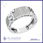 A silver-toned diamond ring with a geometric pavé-set top and side channels, shown on a white background with the Platizem brand logo at the bottom.