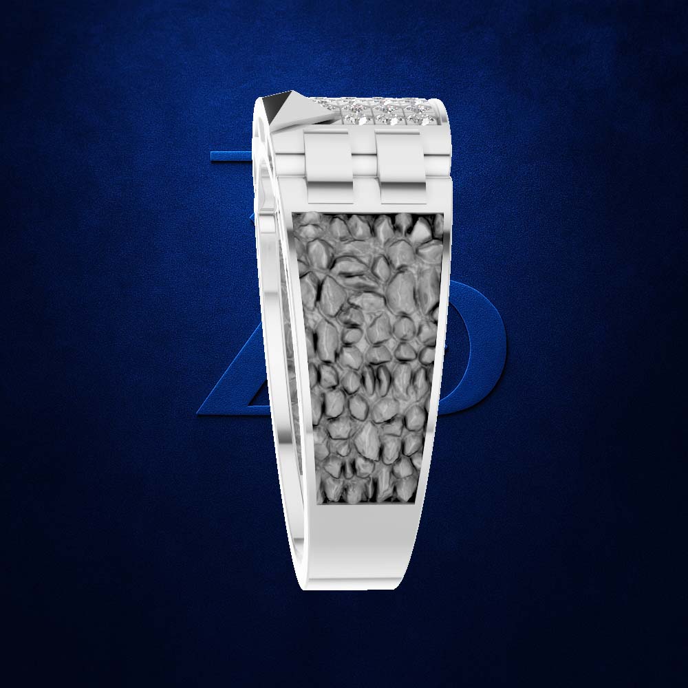A white gold or platinum ring featuring a textured, organic gray inlay resembling scales or leaves, set against a dark blue background with a subtle blue geometric logo.
