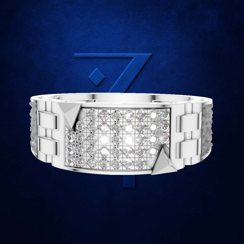 A silver-toned wide band ring featuring a large rectangular pavé diamond face with geometric triangular accents, set against a dark blue textured background with a subtle blue geometric logo.