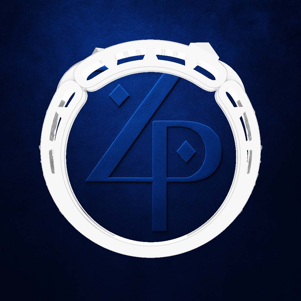 A white circular ring-shaped product, possibly a decorative collar or frame, featuring a stylized blue '4P' monogram logo in the center, set against a textured dark blue background.