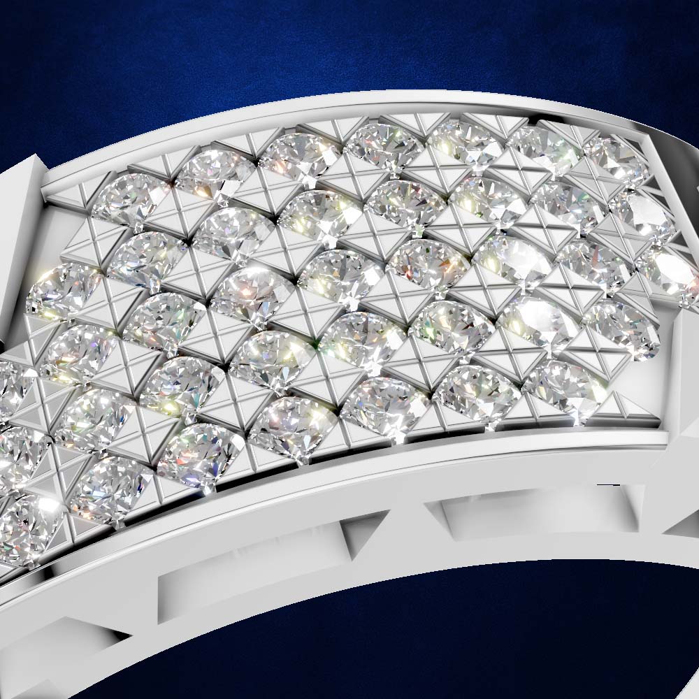 A close-up of a white gold or platinum ring featuring a curved, geometric pavé setting filled with clear round-cut diamonds, set against a dark blue background.