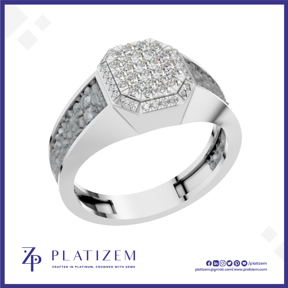 An octagonal diamond ring in a silver-colored metal setting, featuring a pavé diamond crown and a split shank band with pavé-set stones. The brand logo 'PLATIZEM' is visible at the bottom of the image.