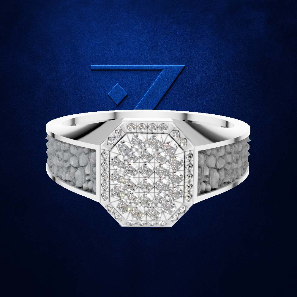 A silver-toned octagonal ring with a pavé diamond center and textured beaded sides, shown against a dark blue textured background with a blue geometric logo behind it.