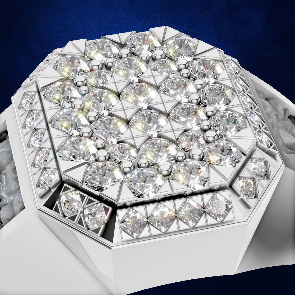 A close-up studio shot of a large geometric diamond ring with a silver-toned setting and multiple clear gemstones arranged in a faceted pattern, set against a dark blue background.