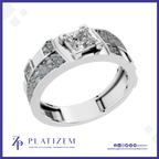 A platinum band ring featuring a princess-cut diamond center stone and textured pavé-set side stones, shown on a white background with the Platizem brand logo at the bottom.
