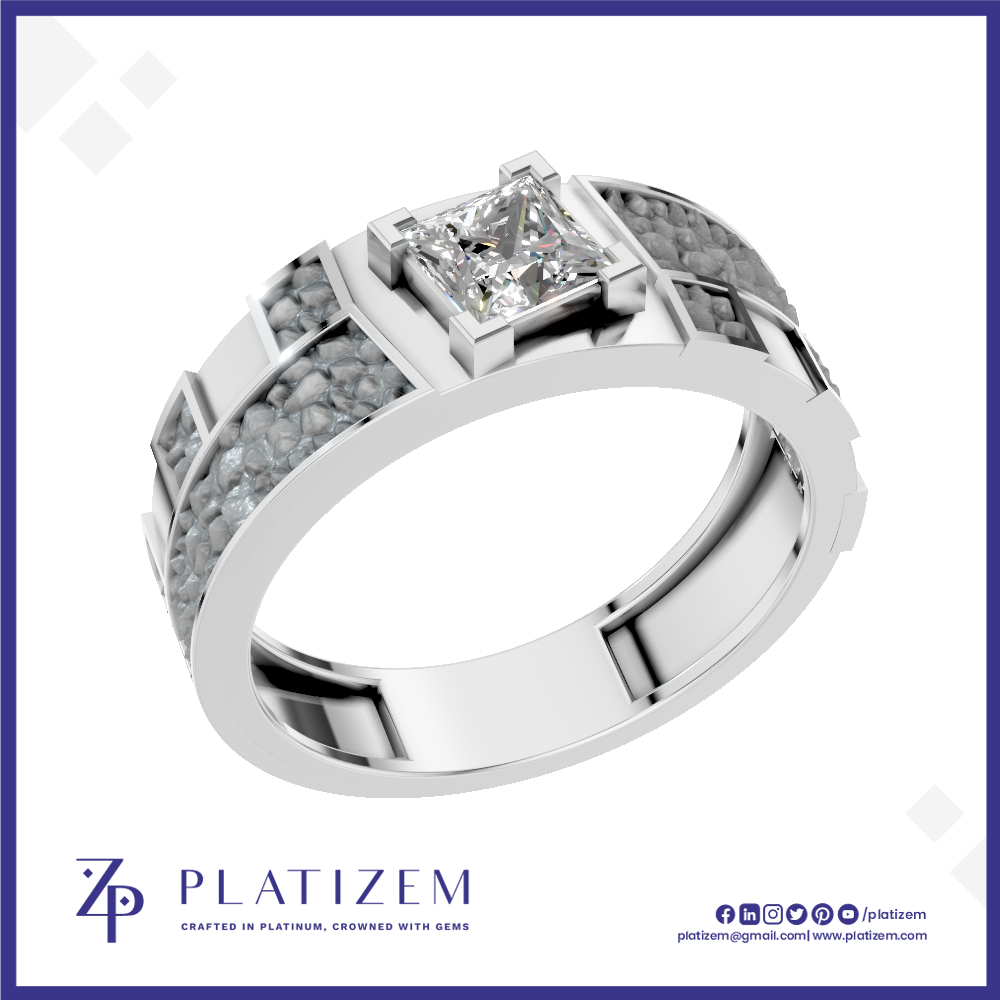 A platinum band ring featuring a princess-cut diamond center stone and textured pavé-set side stones, shown on a white background with the Platizem brand logo at the bottom.