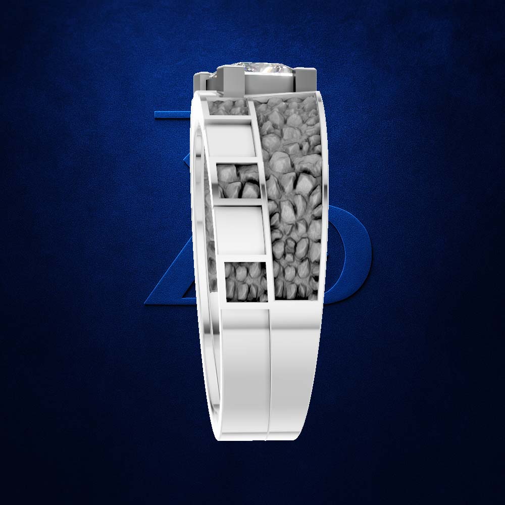 A white ring band with a geometric, angular design and a textured gray inlay, shown in a 3D cutaway view against a dark blue textured background.