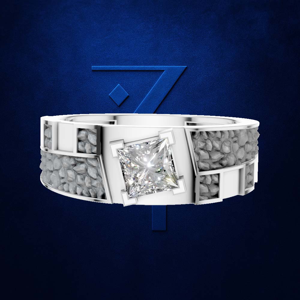 A wide silver-toned ring with a large princess-cut clear center stone and textured gray side stones, shown on a dark blue background with a large blue number 7 behind it.