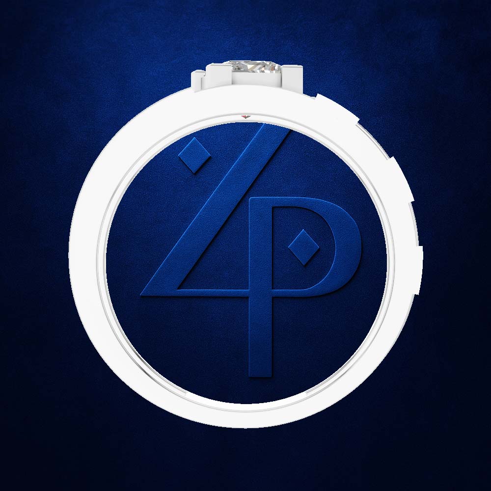 A white circular pendant or medallion with a raised blue monogram design, shown against a dark blue textured background.