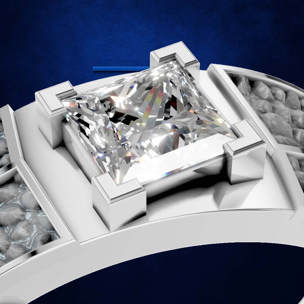 A close-up of a white gold or platinum ring featuring a large square princess-cut diamond in a four-prong setting, set against a dark blue textured background.