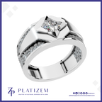 A silver-toned men's ring with a geometric triangular bezel holding a princess-cut clear gemstone, featuring textured inlay channels on a white background with the Platizem brand logo at the bottom.