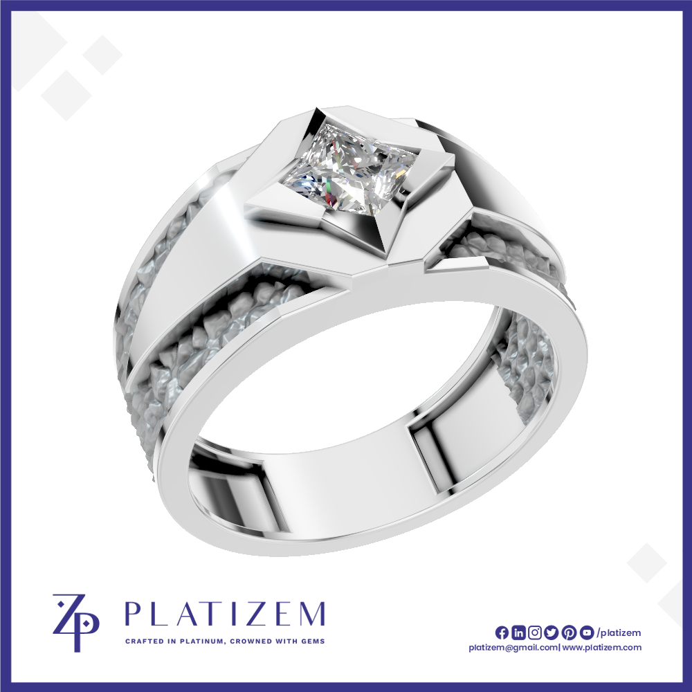 A silver-toned men's ring with a geometric triangular bezel holding a princess-cut clear gemstone, featuring textured inlay channels on a white background with the Platizem brand logo at the bottom.