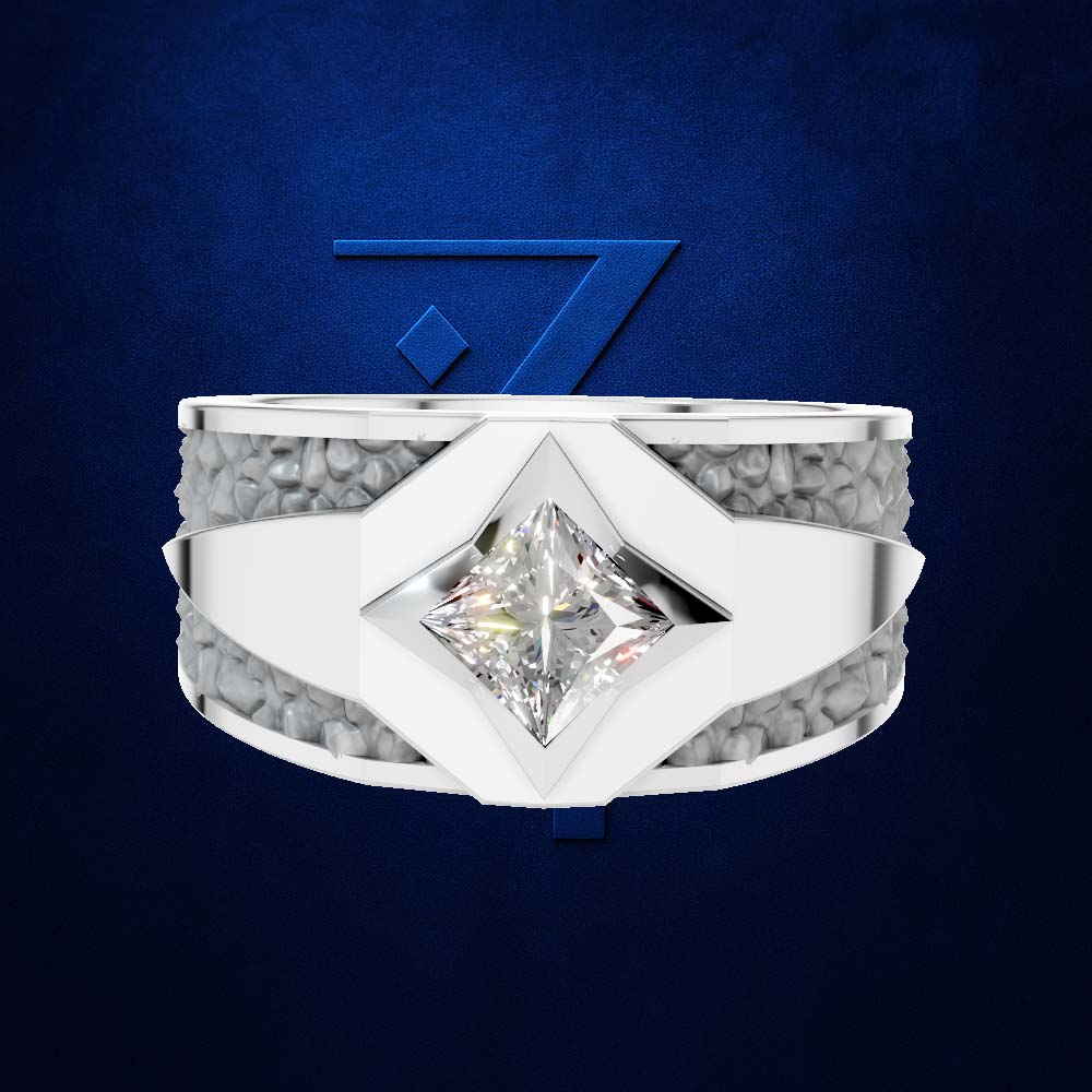 A silver-toned ring with a central clear princess-cut diamond and textured gray inlay bands, shown on a dark blue background with a blue geometric logo behind it.