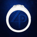 A white circular ring or medallion with a blue monogram logo inside, centered on a textured dark blue background.
