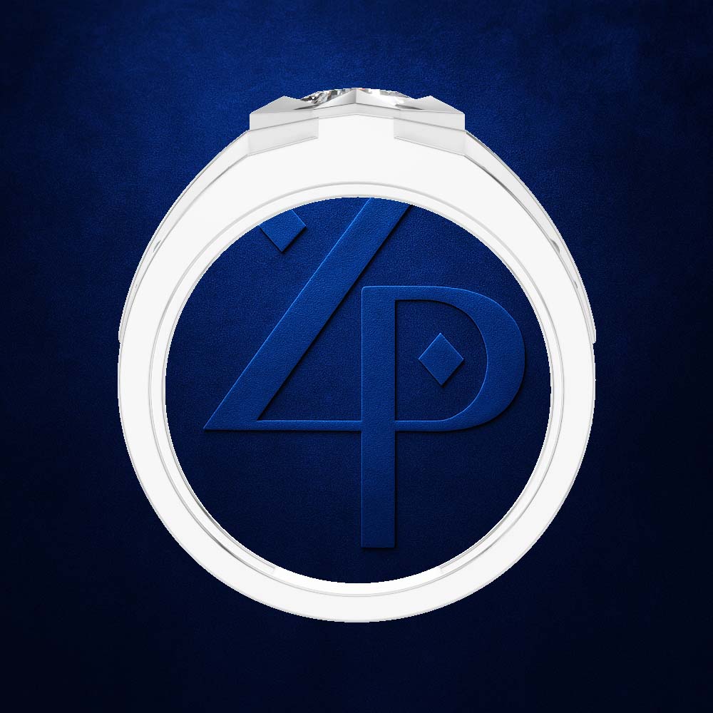 A white circular ring or medallion with a blue monogram logo inside, centered on a textured dark blue background.