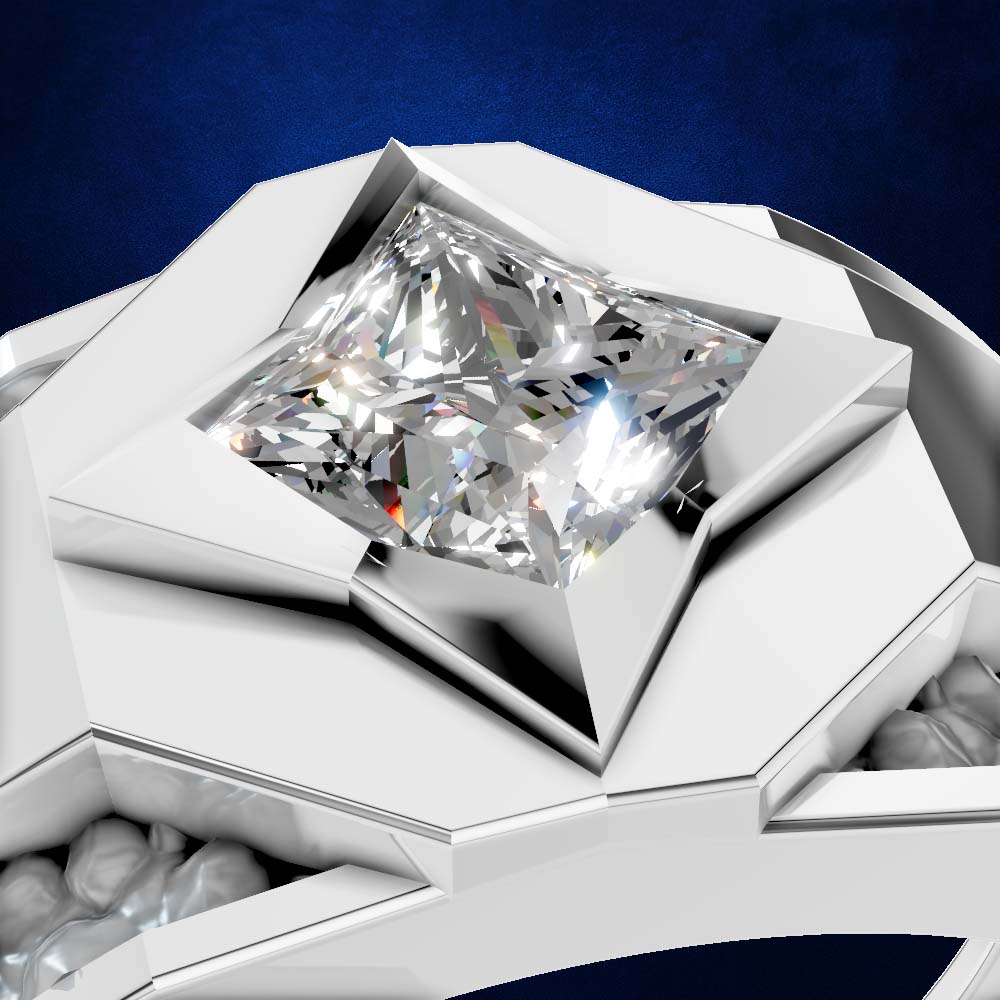 A close-up studio shot of a geometric silver ring featuring a princess-cut clear gemstone in a highly polished setting, set against a dark blue textured background.