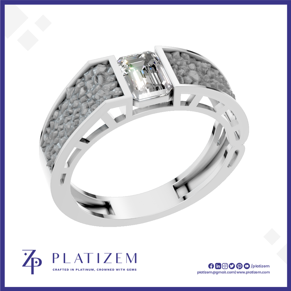 A silver-toned ring featuring a rectangular clear gemstone in a bezel setting, flanked by textured pavé-style inlays on a white background with the Platizem brand logo at the bottom.