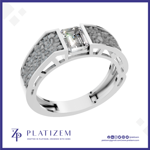 A silver-toned ring featuring a rectangular clear gemstone in a bezel setting, flanked by textured pavé-style inlays on a white background with the Platizem brand logo at the bottom.