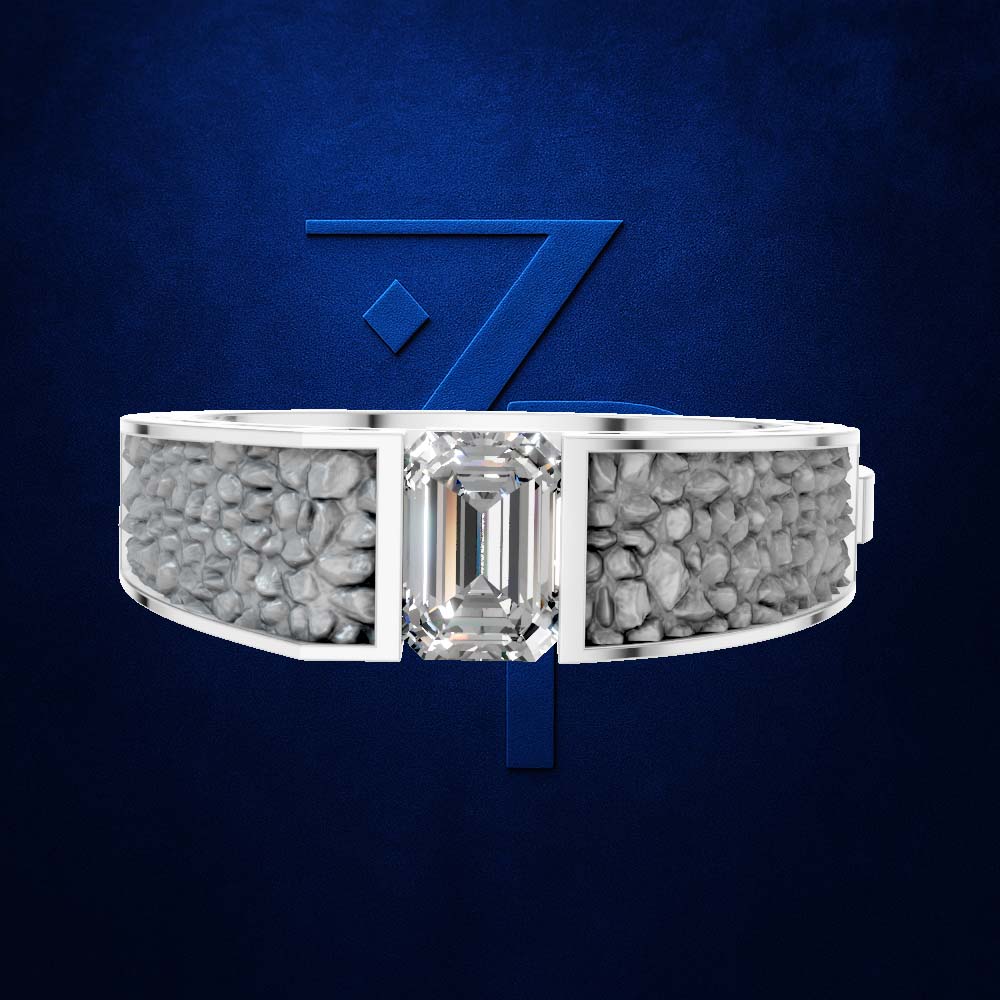 A silver-toned ring with a large rectangular clear center stone and textured gray inlays on both sides, shown against a dark blue background with a large stylized blue number 7 behind it.