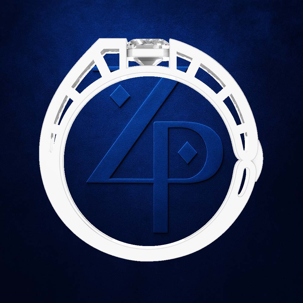 A white circular ring with a large blue monogram '4P' in the center and a clear gemstone at the top, set against a textured dark blue background.