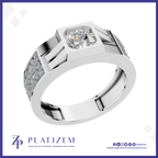 A silver-toned square solitaire ring with a cushion-cut diamond center stone and pavé-set side stones, shown on a white background with the Platizem brand logo at the bottom.