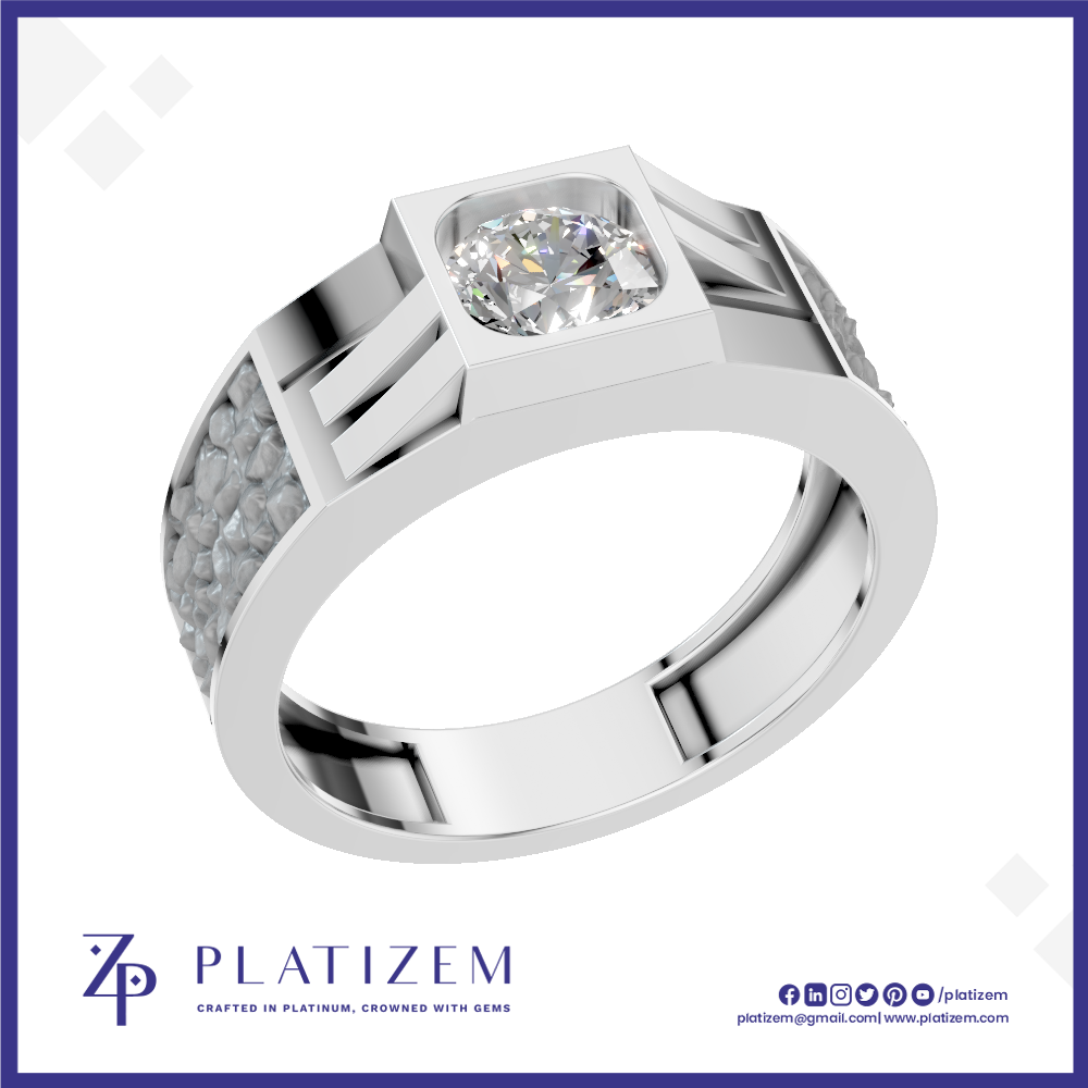 A silver-toned square solitaire ring with a cushion-cut diamond center stone and pavé-set side stones, shown on a white background with the Platizem brand logo at the bottom.