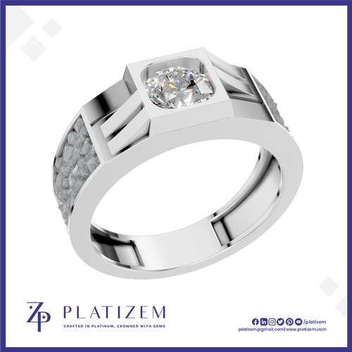 A silver-toned square solitaire ring with a cushion-cut diamond center stone and pavé-set side stones, shown on a white background with the Platizem brand logo at the bottom.