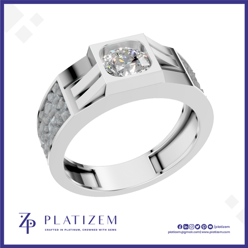 A silver-toned square solitaire ring with a cushion-cut diamond center stone and pavé-set side stones, shown on a white background with the Platizem brand logo at the bottom.