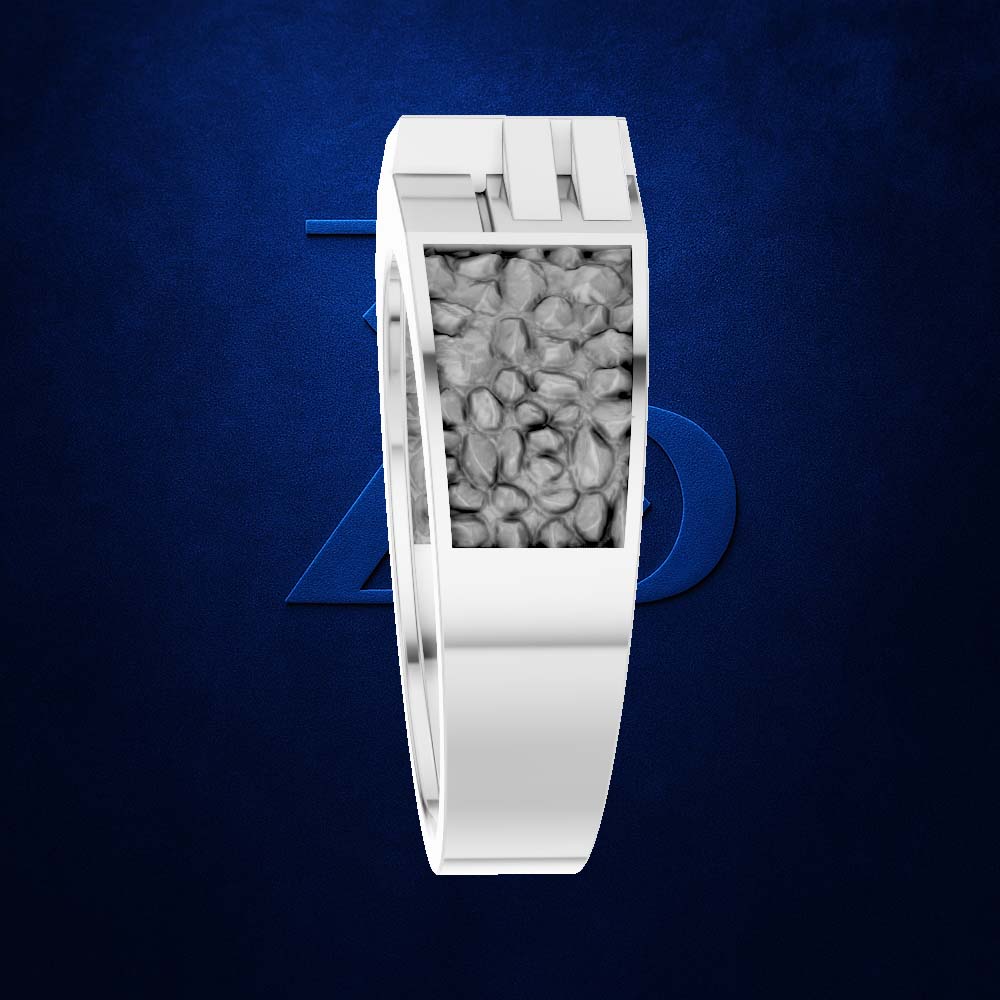 A white rectangular watch face or jewelry piece with a textured gray stone-like center, shown on a dark blue background with a faint blue geometric logo behind it.