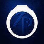 A white circular ring with a blue center featuring an embossed stylized '4P' monogram, set against a textured dark blue background.