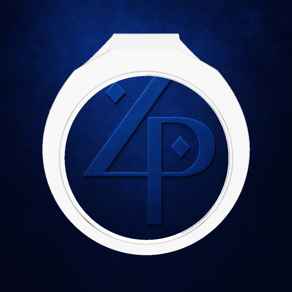 A white circular ring with a blue center featuring an embossed stylized '4P' monogram, set against a textured dark blue background.