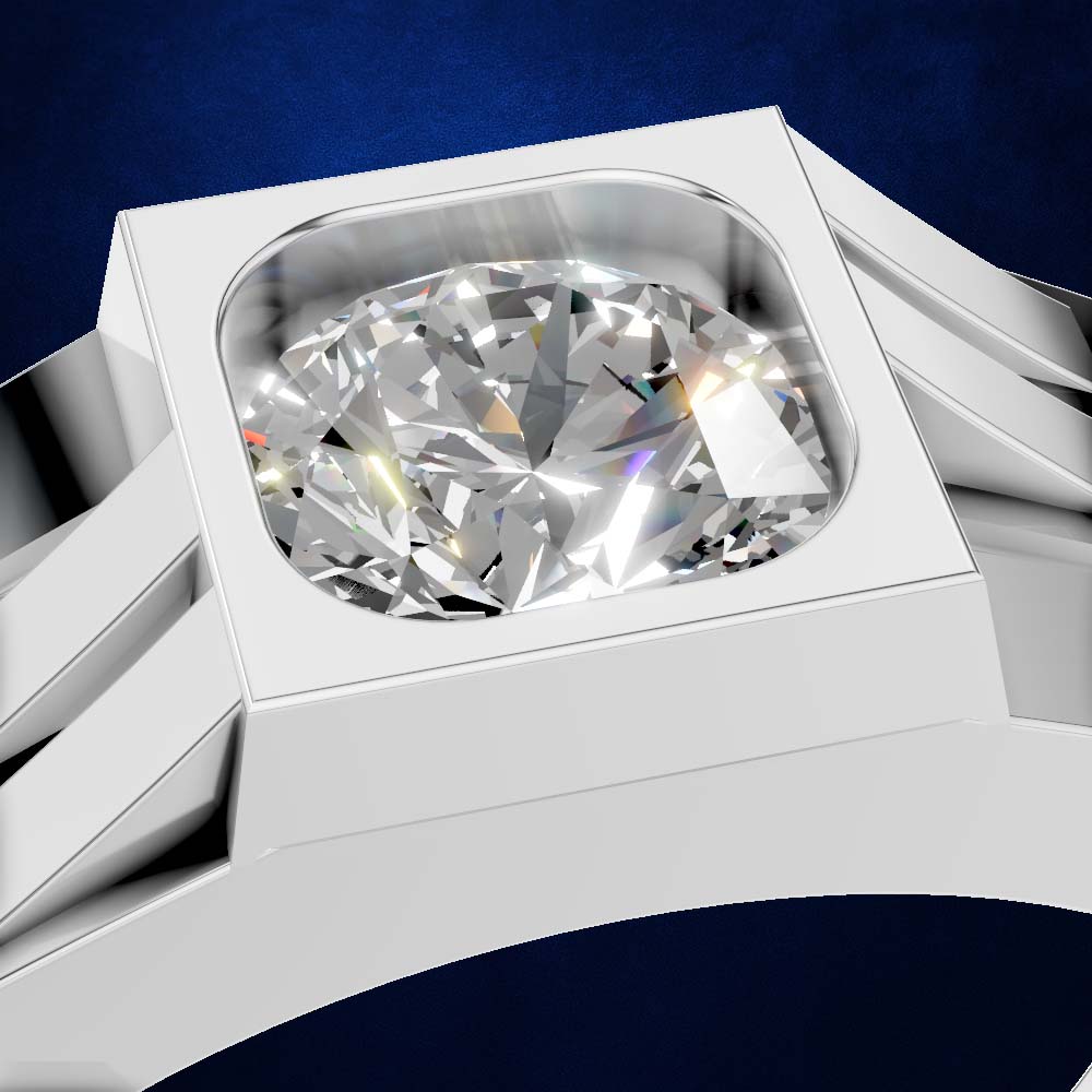 A close-up of a silver-toned ring with a large clear faceted gemstone in a square setting, shown against a dark blue background.