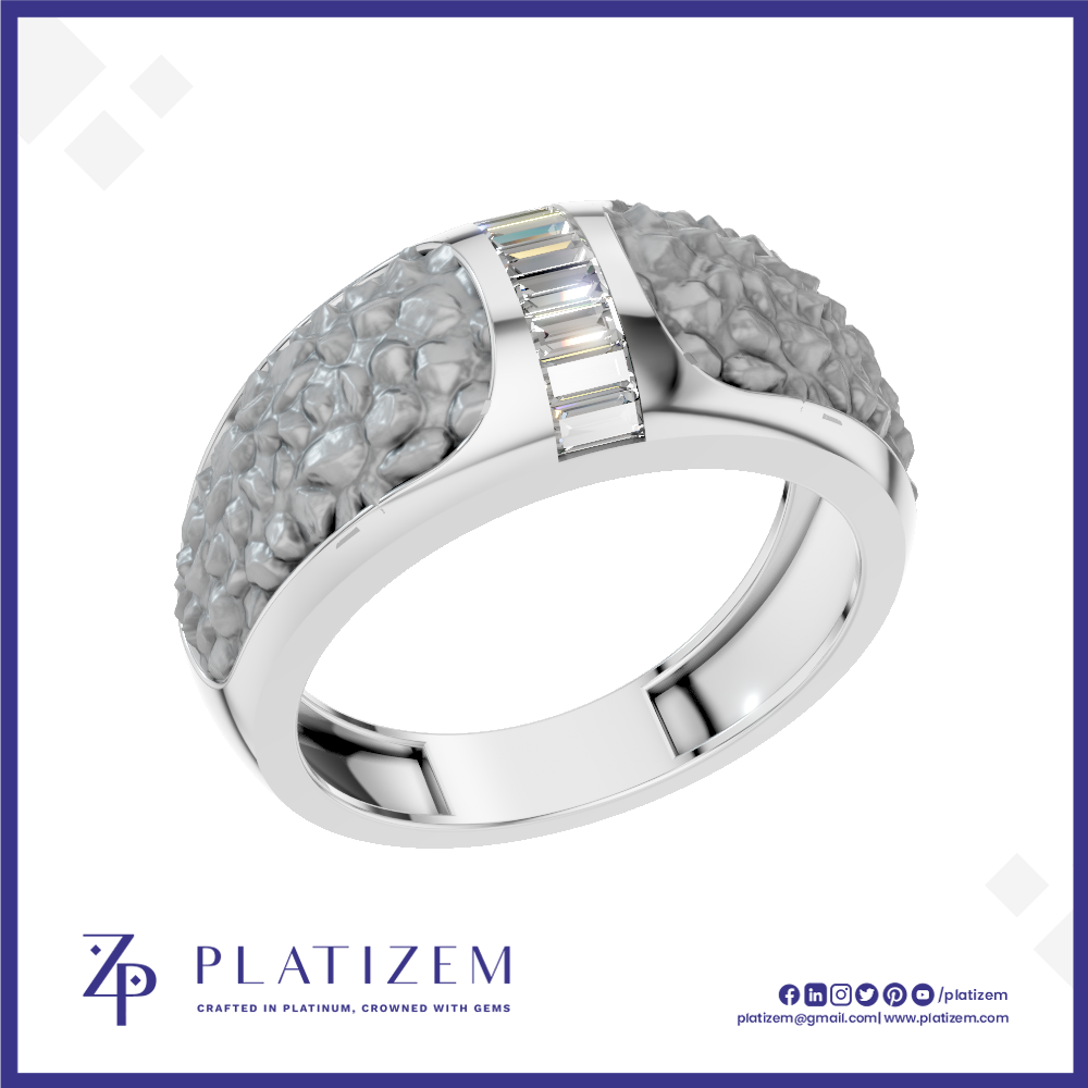 A silver-toned ring with a textured, flower-like pavé setting on the band and a central channel of baguette-cut clear stones, shown on a white background with the Platizem brand logo at the bottom.