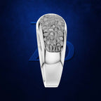 A silver-toned men's ring featuring a textured, pebble-like gray inlay on the top half of a smooth teardrop-shaped band, set against a dark textured blue background.