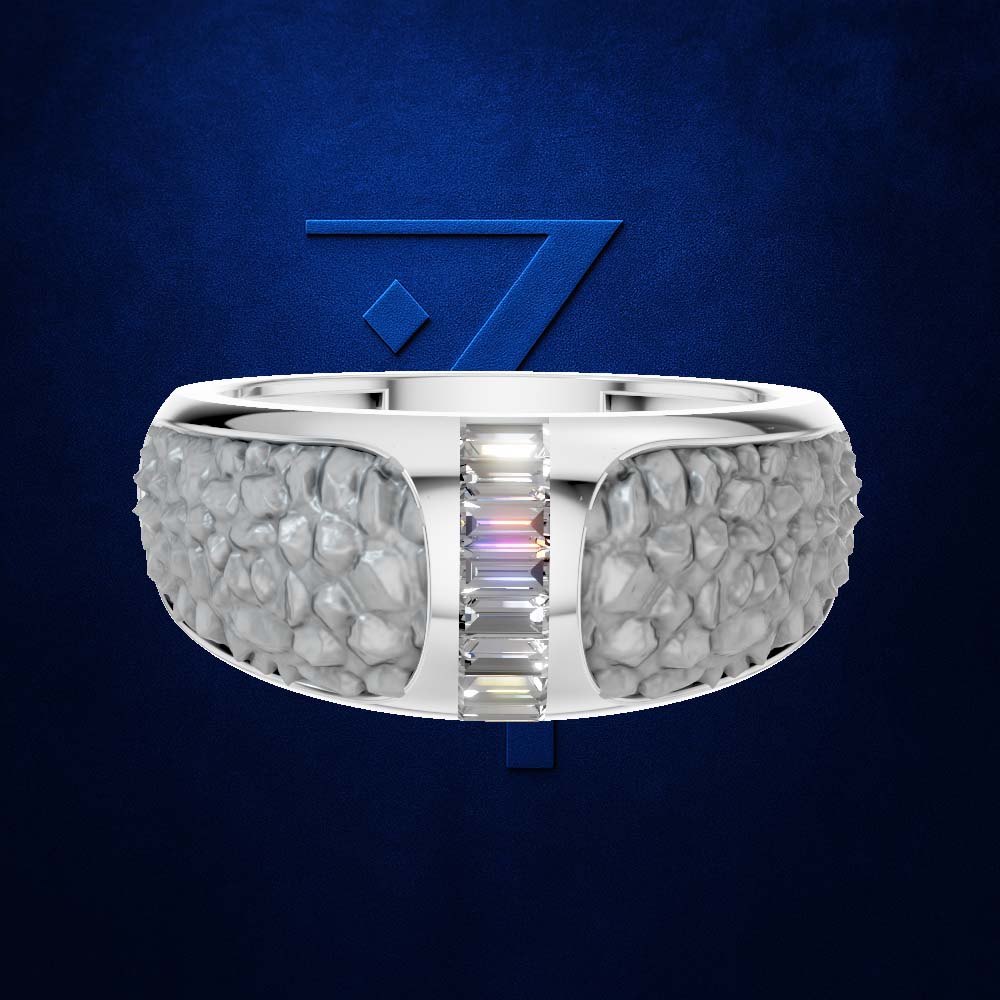 A silver-toned men's ring with a textured, rough-cut stone band and a central channel of clear baguette and round-cut stones, set against a dark blue textured background with a stylized blue 'Z' logo.